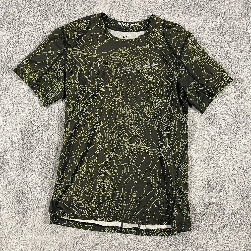 Nike Pro Dri-FIT Compression Shirt Mens L Black Neon Green Graphic Swoosh Logo